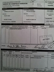 Copia de la orden de compra que evidencia el pago de $78,871 de fondos públicos para adquirir una guagua Cadillac Escalade del 2015 para el alcalde de Aguadilla, Carlos Méndez Martinez.