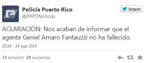 Mensaje de la cuenta de Twitter de la Policía aclarando la situación del agente Amaro.