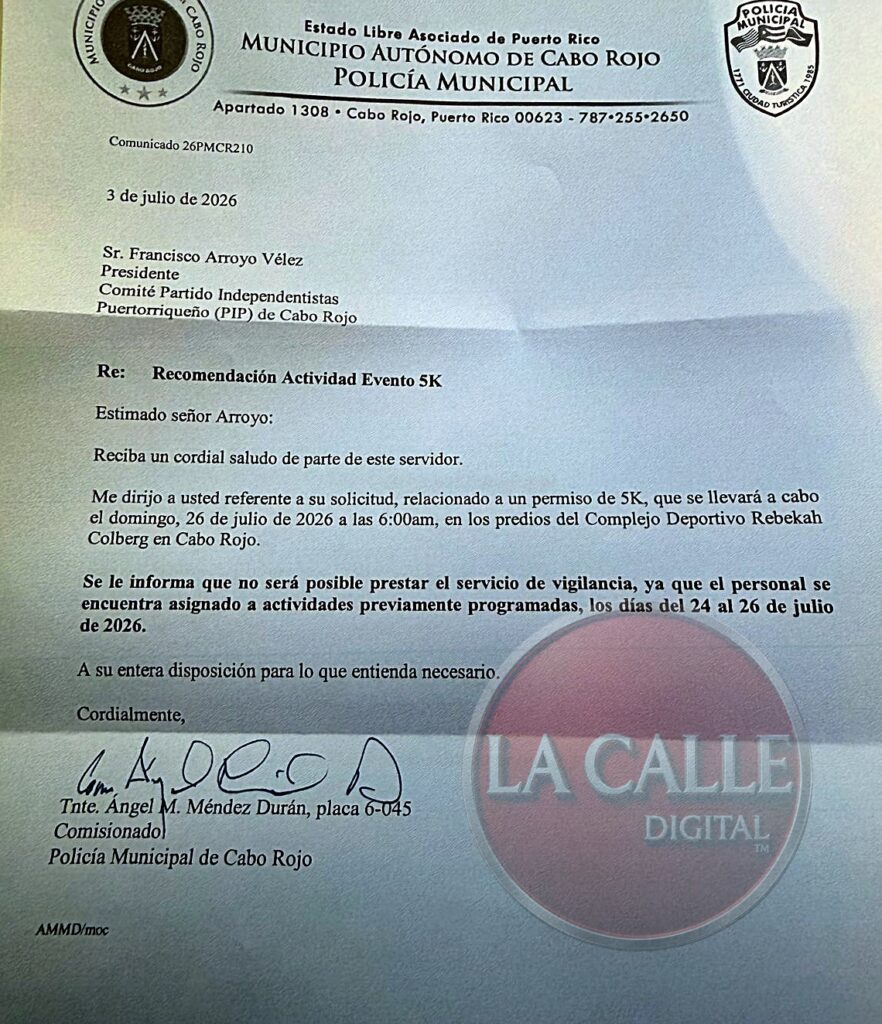Carta del comisionado de la Policía Municipal de Cabo Rojo denegando el servicio de vigilancia para la carrera.